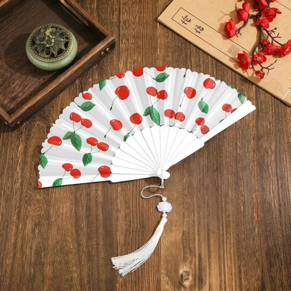 Ventilateur à main pliant design cerise motif fruité Ventilateur rafraîchissant Cadeau Ventilateur à pompon en tissu Femmes