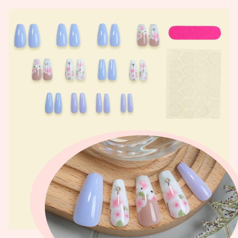24 Pcs Simple Artificial Nail Long Shape Full Cover False Nail Glossy Stick on Nail Flowers Press On Nail