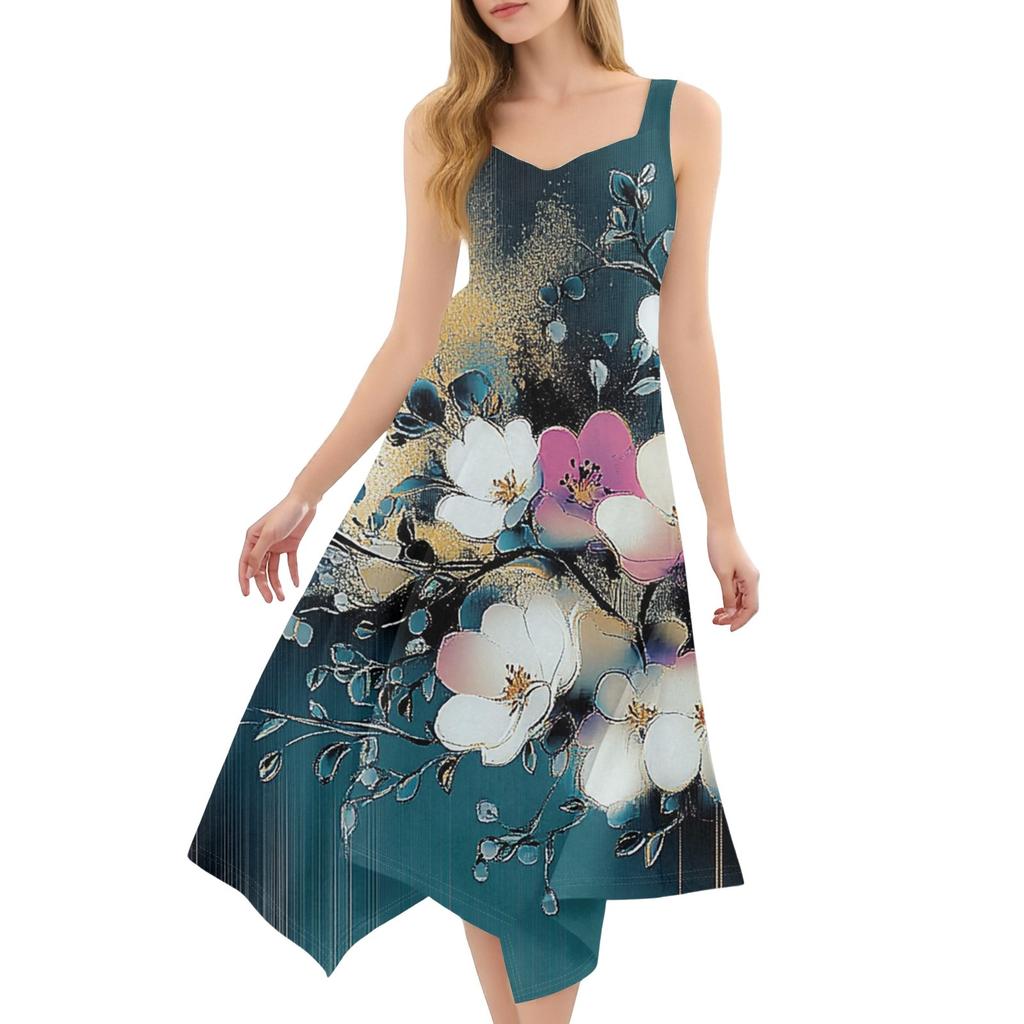 Women's Casual Fashion Round Neck Sleeveless Print Irregular Hem Midi Dress