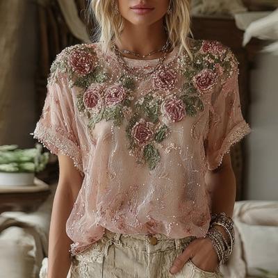 Women Tops Round Neck Short Sleeve Pullover Tops Loose Fit Faux Pearls 3D Floral Decor Sun Protection Lightweight Casual Summer Tops