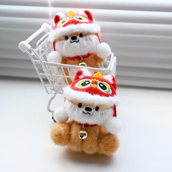 Plush Pendant Lion Dance Dog Keychain Soft Plush Doll Ornament with Hat And Bell Pendant