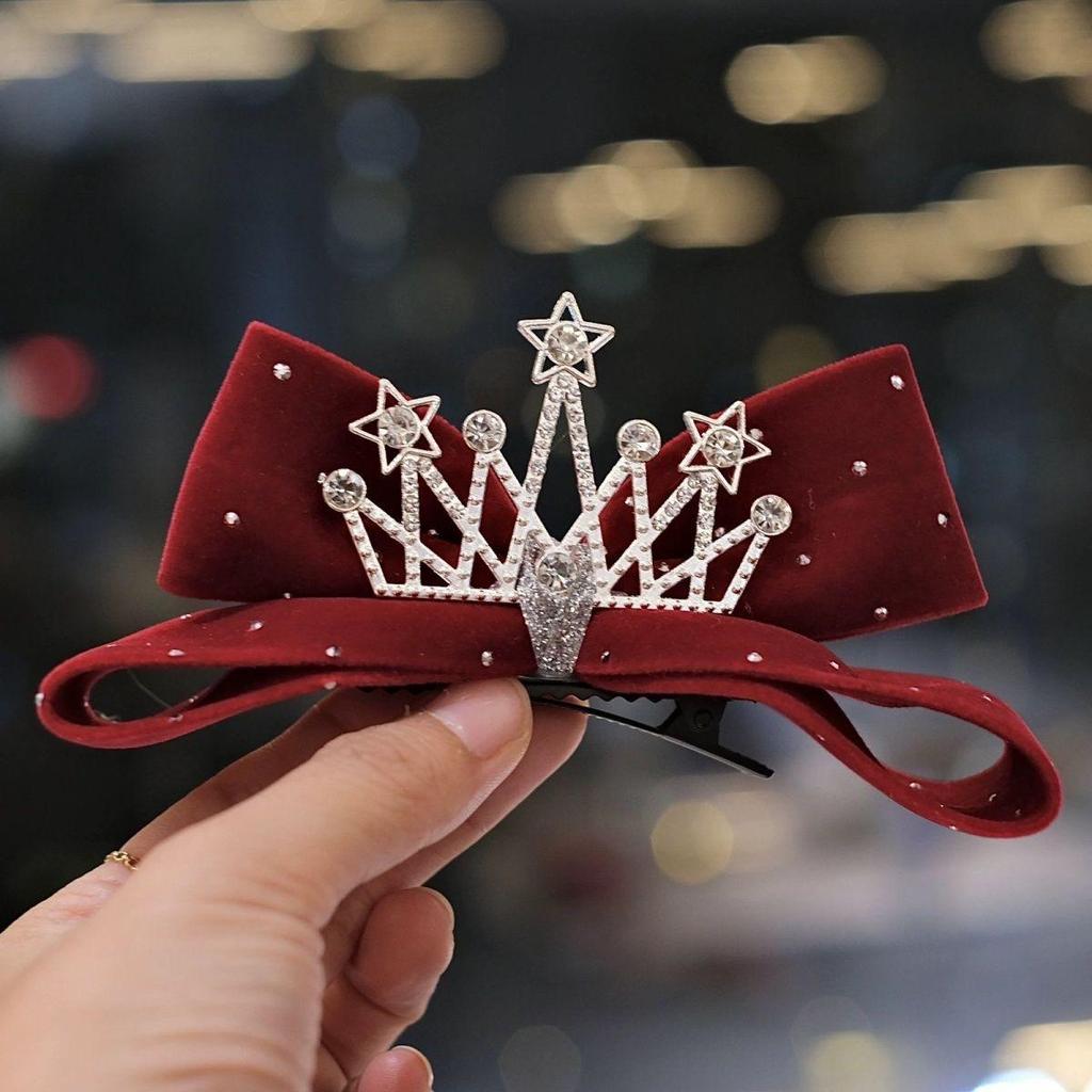 Children's Velvet Bow & Crown Hair Clip - Cute New Year Hair Accessory for Girls in Red & Black