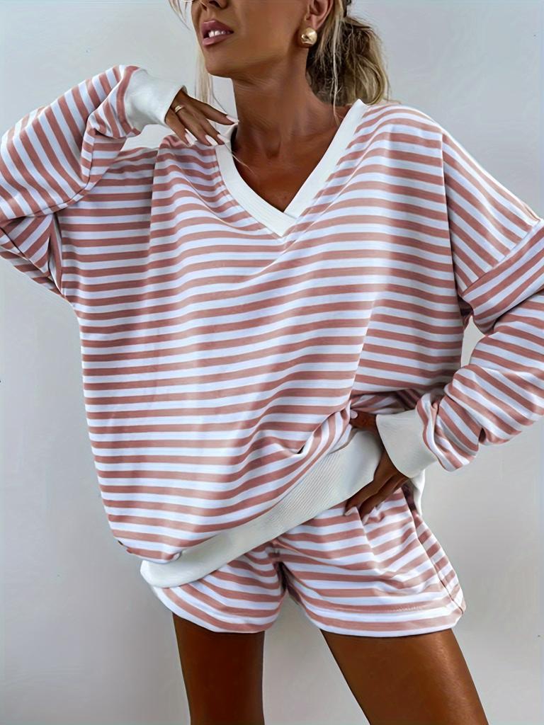 Europe, America Spring and Summer New V-neck Sweater Set Fashion Sports Long-sleeved Pullover Sweater Shorts Two-piece Set