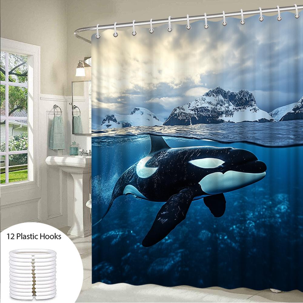 1pc Ocean Whale Shower Curtain - 2D Printed Design with Majestic Orca & Scenic Mountain Landscape, Durable Polyester, Machine Wa