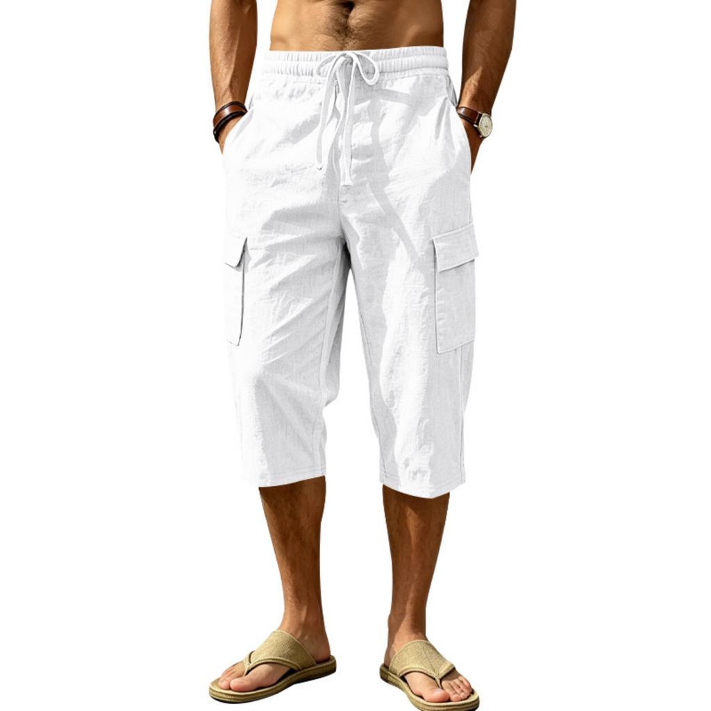 Men Linen Casual Outdoor Cargo Seven Shorts Multi Pocket Loose Fit Lightweight Drawstring Waist