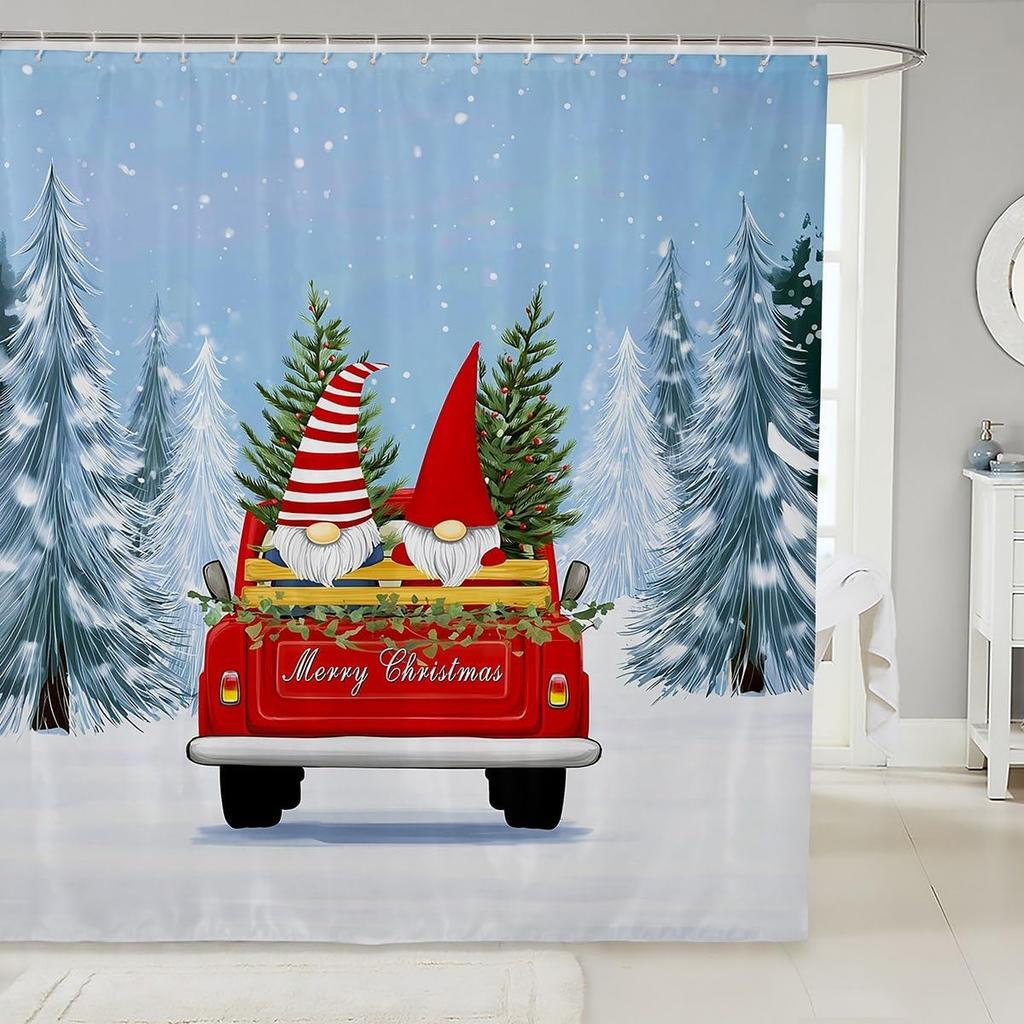 Cute Christmas Bear Shower Curtain Winter Snowflake Xmas Tree Decor Bathroom Curtains for Kids Boys Girls Teens Cartoon Animal