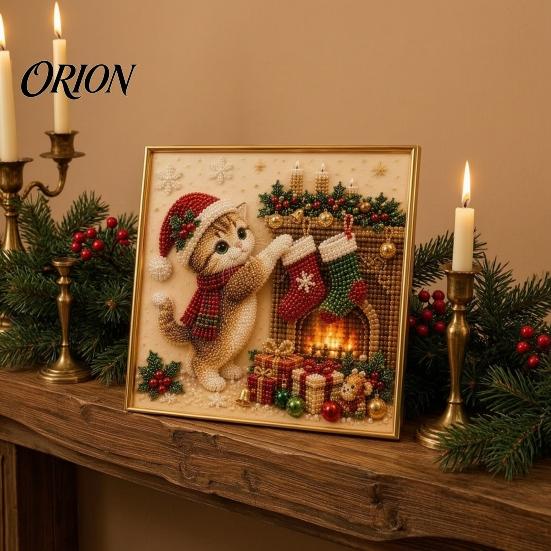 Christmas Faux Pearl Art Kit Xmas Cat Painting Kit, Festive DIY Winter Home Decor Cute Kitty 3D Bead Craft for Adults Teens, Holiday Wall Sparkling