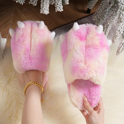 New Funny Animal Paw Slippers for Women Colorful Fur Slides Woman Indoor Home Fluffy Shoes Lady Ultra Light Room Slipper Winter