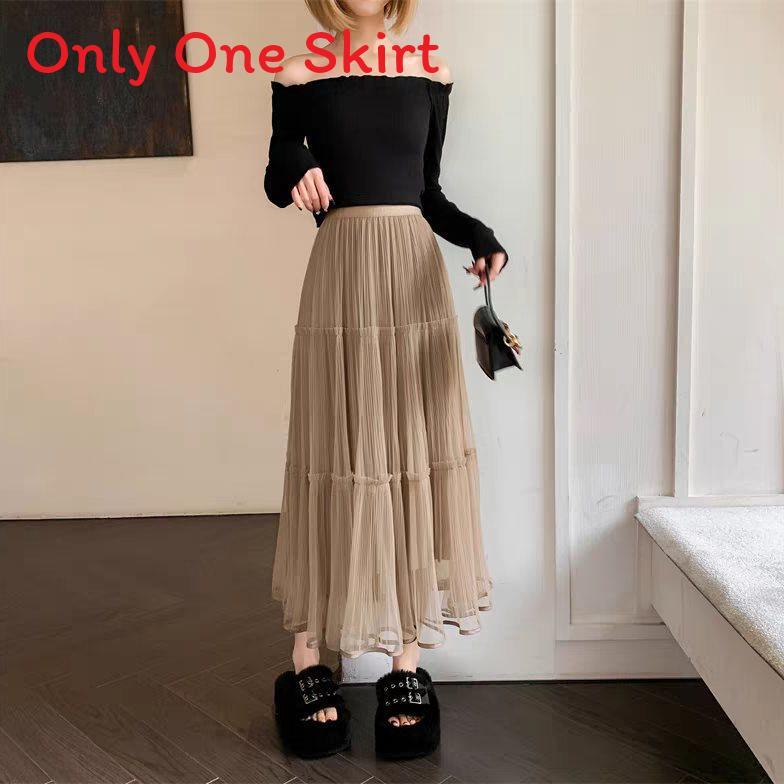 Gonna Lunga in Rete di Misto Cotone con Pieghe per l'Estate Casual da Donna