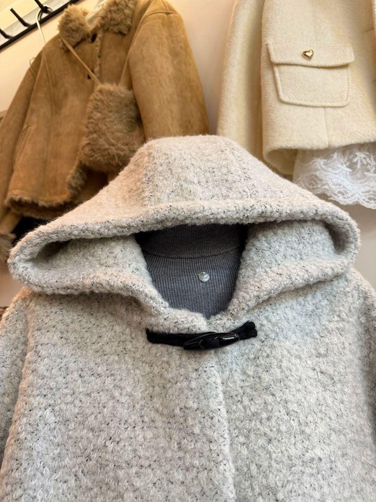 Korean Style Quilted Woolen Hooded Coat with Horn Buttons - Versatile Winter Wear