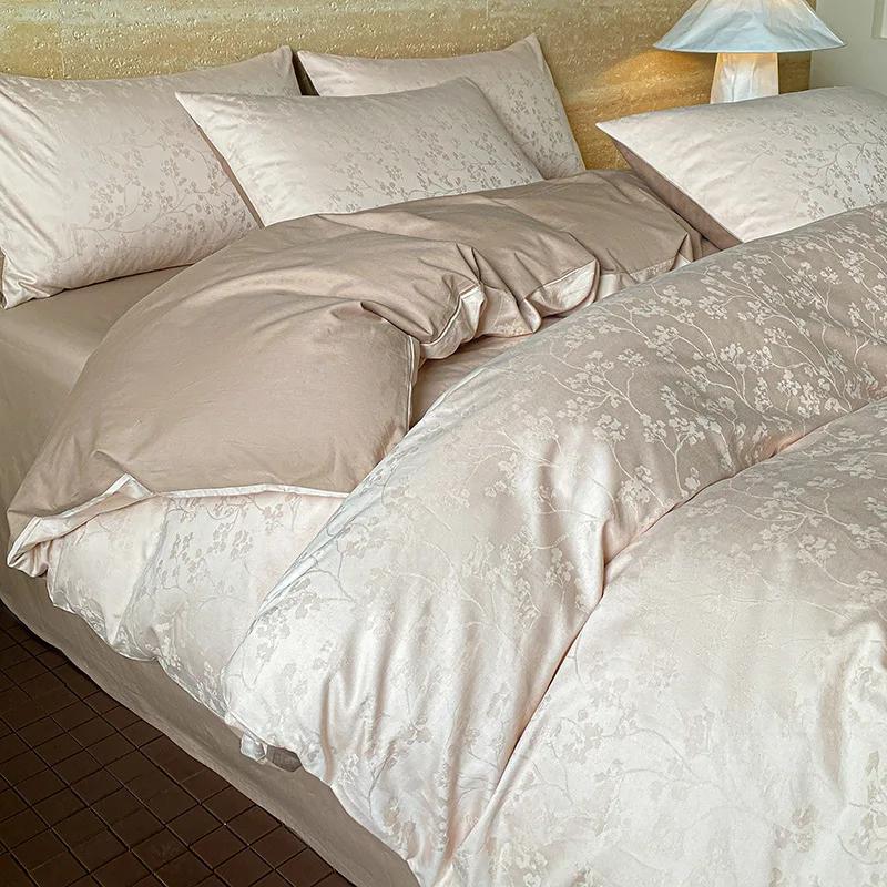 Light Luxury Satin Jacquard Solid Fitted Sheet Sets Pure Cotton Skin-Friendly Soft Quilt Cover 1.5/1.8M Bed Bedding for Adults