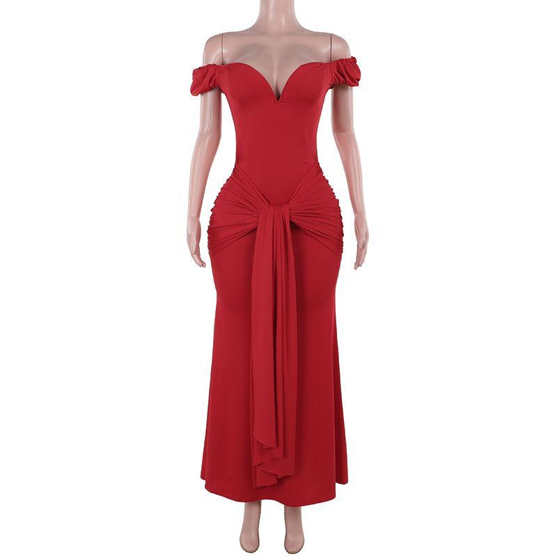 

Dress Autumn 2024 New Long dress Socialite Style Elegant Sexy off-Shoulder V-neck Slimming Formal Dress Dress Red S