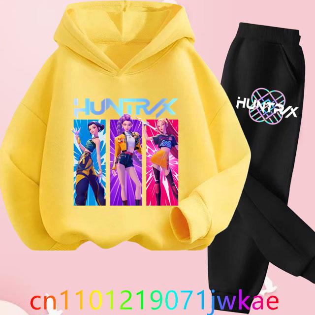 Teen KPop Demon Hunters Hoodies+Pants Sets Boys Girls Korean Anime Movie Hoody Fashion Long Sleeve Kids Hooded Sports Suits