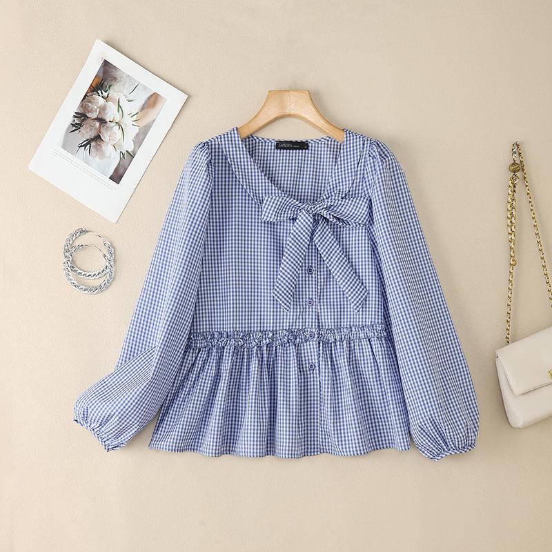 

ZANZEA Women Bows Collar Casual Long Sleeve Grid Print Blouse S