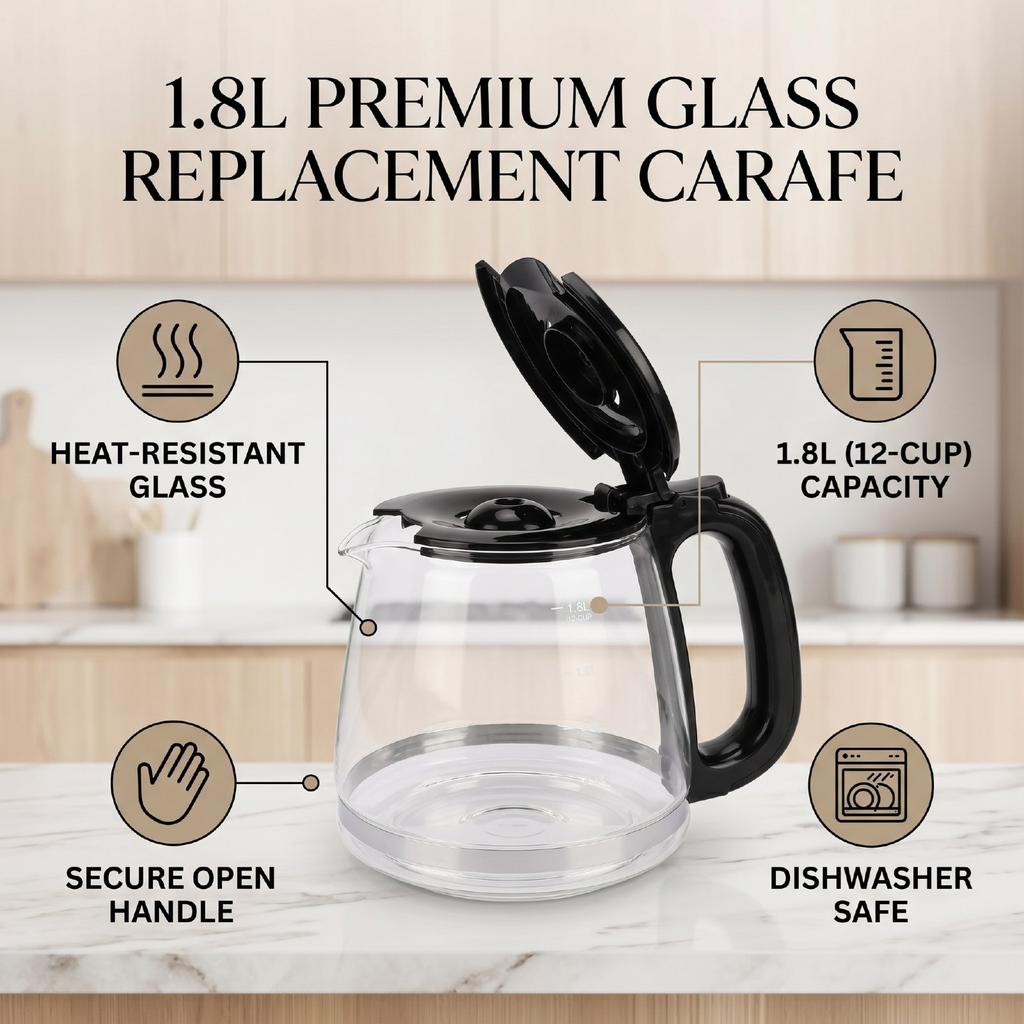 Coffee Pot 1.8L 12 Cup Heat Proof Shatter Proof Glass Coffee Carafe with Open Handle for Coffee Maker Replacement