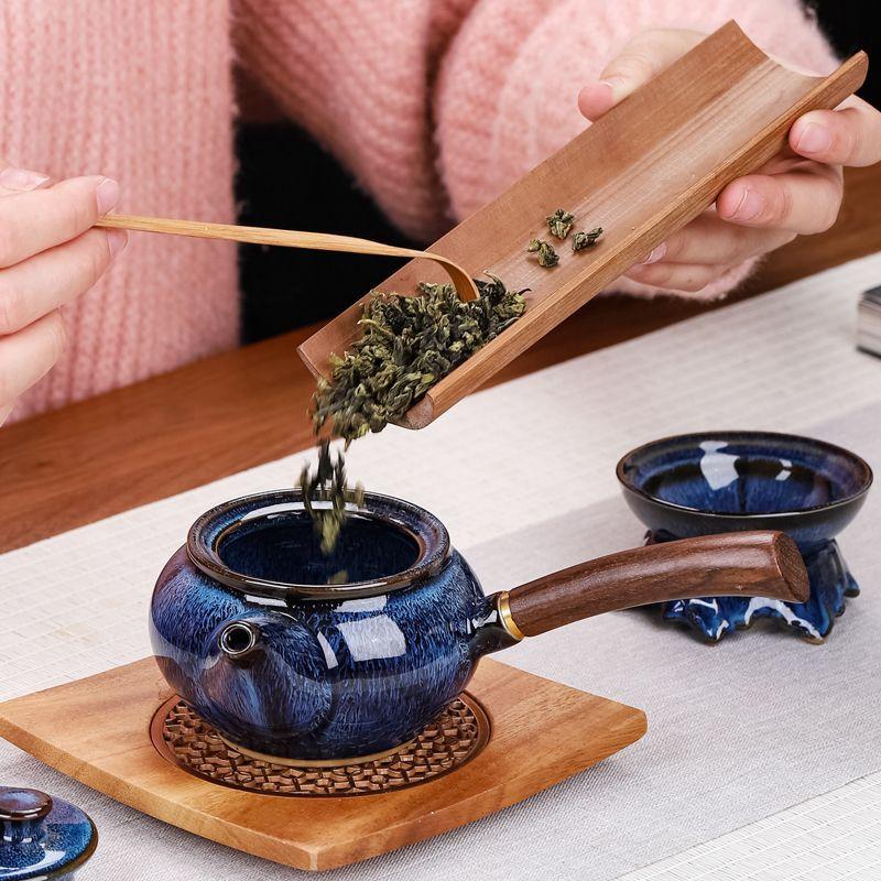 Japanese-style household lazy with handle color glaze ceramic bowl side handle pot teacup tea set fashionable retro business gift