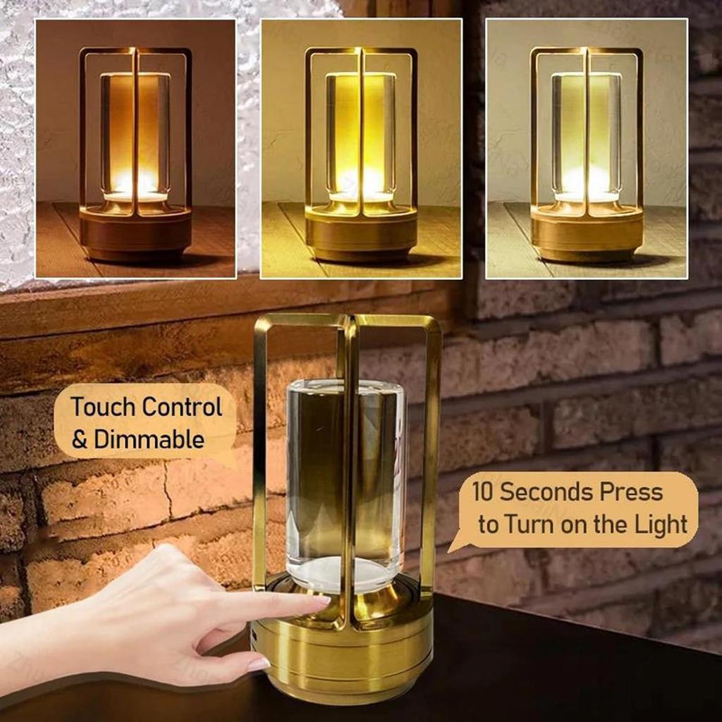 Cordless LED Touch Desk Lamp,2600mAh Battery Powered Crystal Lantern Lamp,3-Colour Dimmable Bedside Lamp,Small Desk Lamp for Restaurant Bedroom Bar
