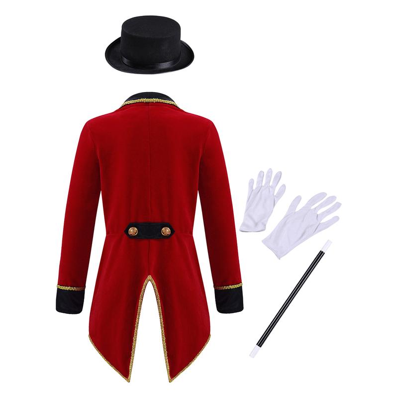 Boys Girls Circus Ringmaster Showman Magician Costume Halloween Tailcoat Jacket with Hat Gloves Outfits for Fancy Party