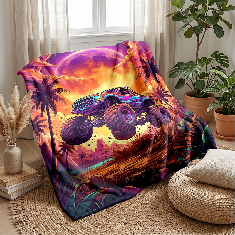 Neon Monster Truck Theme Blanket Lightweight Warm Flannel Blanket Decorative Throw Blanket for Home Decoration