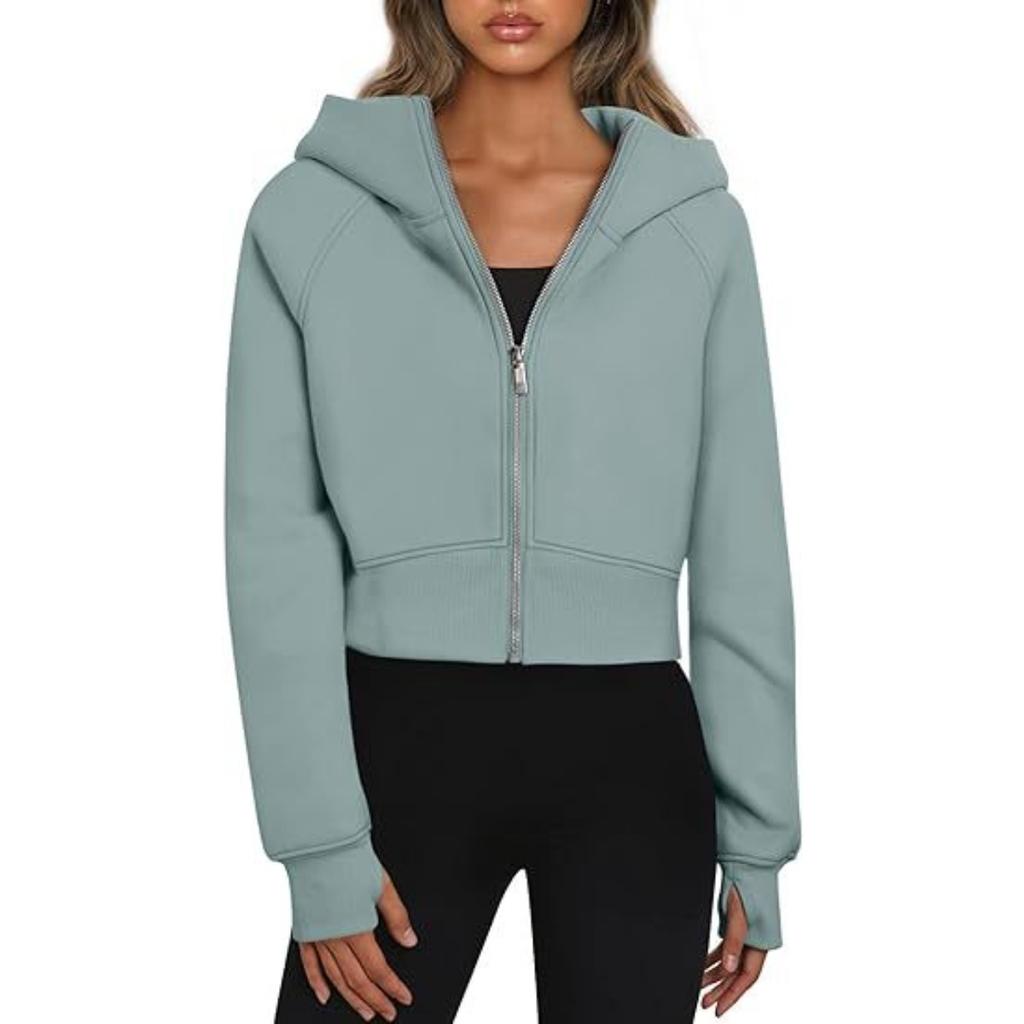 Women's Fleece Lined Hooded Zip Up Cropped Casual Long Sleeve Sweatshirt, European American Style Casual Tops Leisure Trade