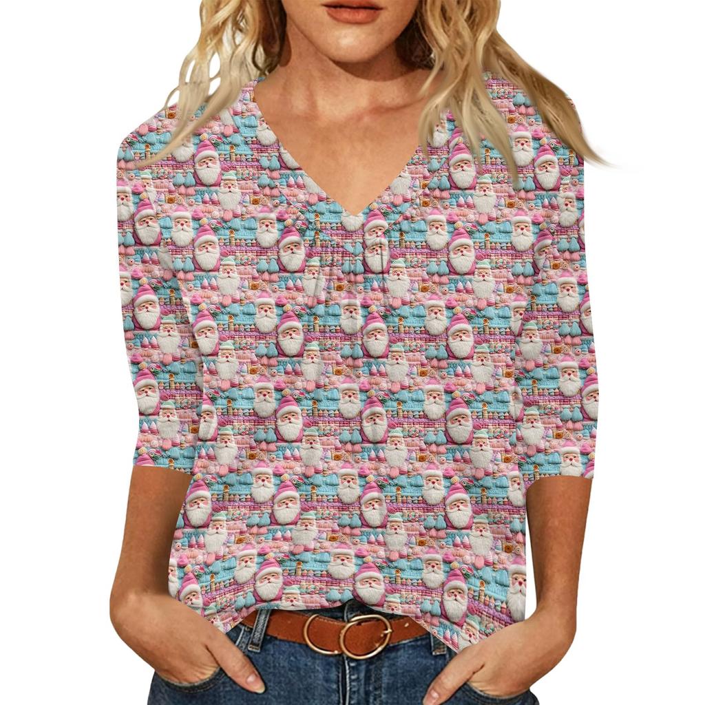 Women's Fashion Casual V-Neck Christmas Print 3/4 Sleeve Top for Holiday Everyday Wear