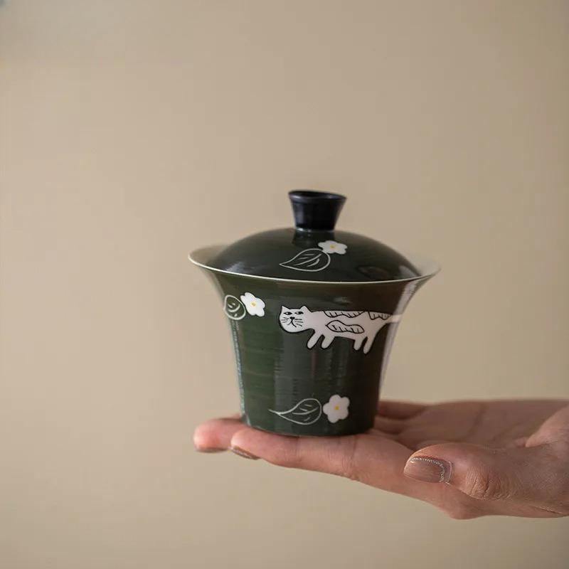 125ml Pó Yin Verde Oliva Gato da Sorte Pintado à Mão Gaiwan Tigela de Chá Zen com Tampa Kit Tampa de Preparo de Chá Conjunto de Chá