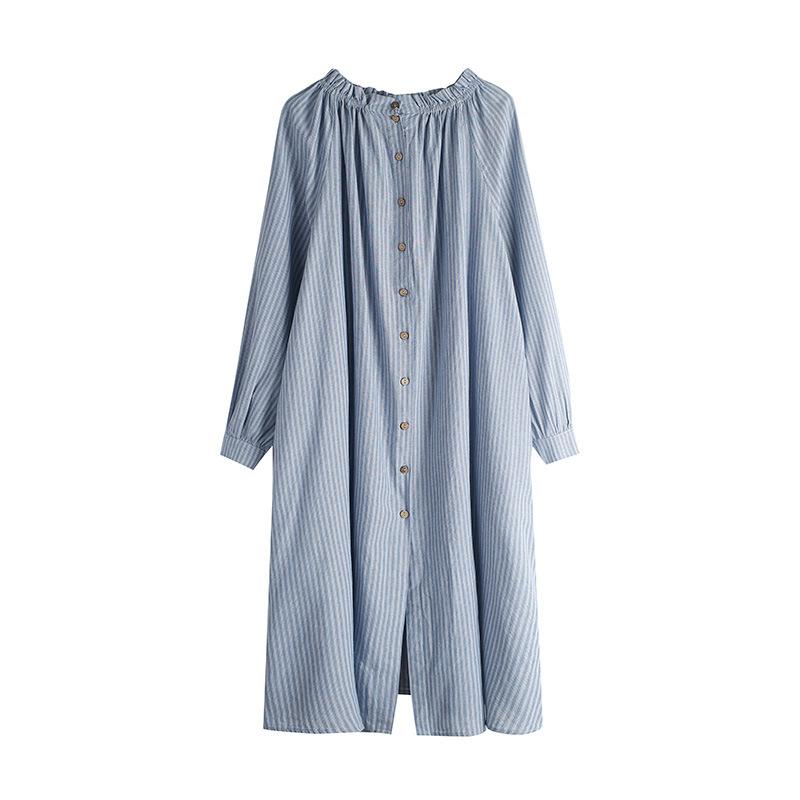 

Осеннее ретро полосатое свободное и универсальное однобортное платье средней длины, платье-рубашка Average size