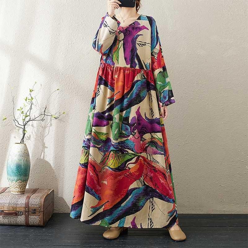 Round Neck Loose Plus Size Literary Plus Long Sleeve Dress