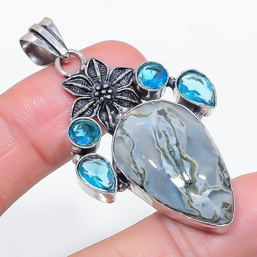 Natural Tree Agate, Topaz 925 Sterling Silver Jewelry Pendant 2.25" Y5f38
