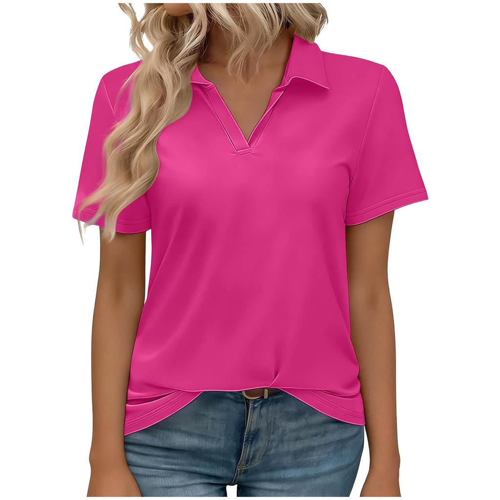 Women’s Short Sleeve Polo Collar V Neck Casual Loose Fit Basic T Shirt Soft Lightweight Top for Daily Wear Work School