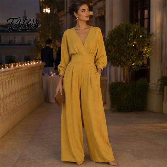 Simple Design Jumpsuit Women's Long Sleeve Jumpsuit, Deep V Neck Loose Wide Leg Everyday Wear Rompers, High Waist Summer Casual One Piece Outfits with