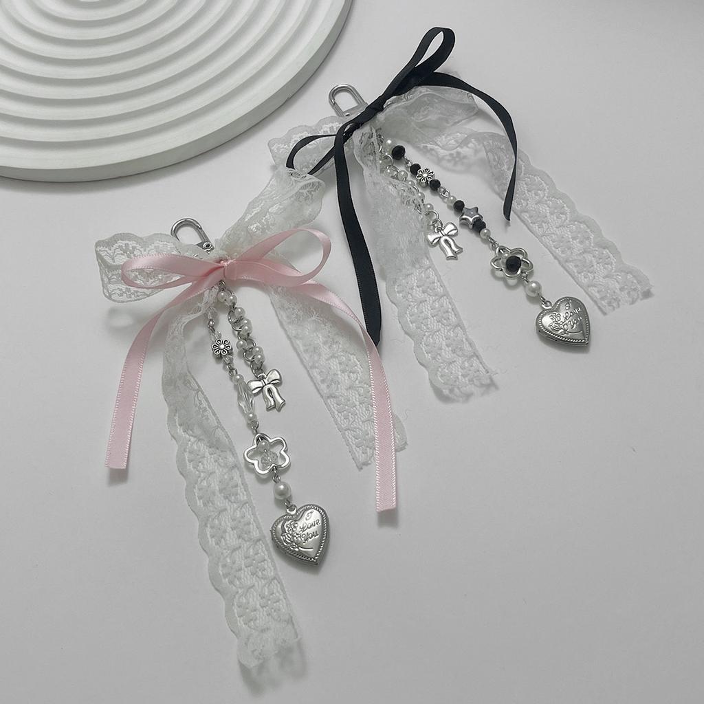 Goth Y2K Lace Bow Key Chain Heart Charm Pendant Kawaii Leopard Key Chain for Bag Accessory Women Trendy Tassel Chain Jewelry