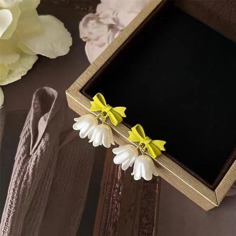 1Pair Sweet Bow Bell Orchid Stud Earrings For Women Girls Elegant Exquisite Versatile Advanced Sense Bowknot Earrings Jewelry
