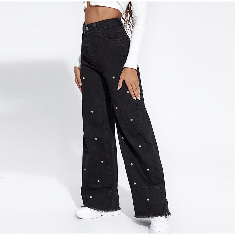 Jeans Women Pearls Wide Leg Pants High Waist Washed Distressed Tassels Spliced Pockets Vintage Denims 2025 Streetwear Trousers