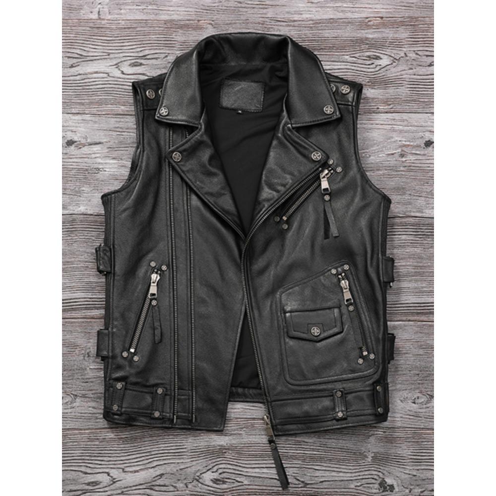 Chinese Size Biker Vest Top Layer Cowhide Leather Vest Men's Slim Short Motorcycle Clothing Riding Jacket Sleeveless Genuine Cow Club Vest