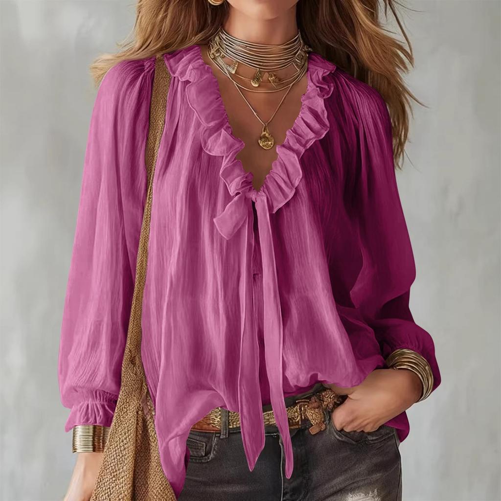 Ladies Linen Shirt with Ruffle Neckline Womens Tops Blouses Denim Shirt Women Ladies Tops Size 14 for Everyday Wear