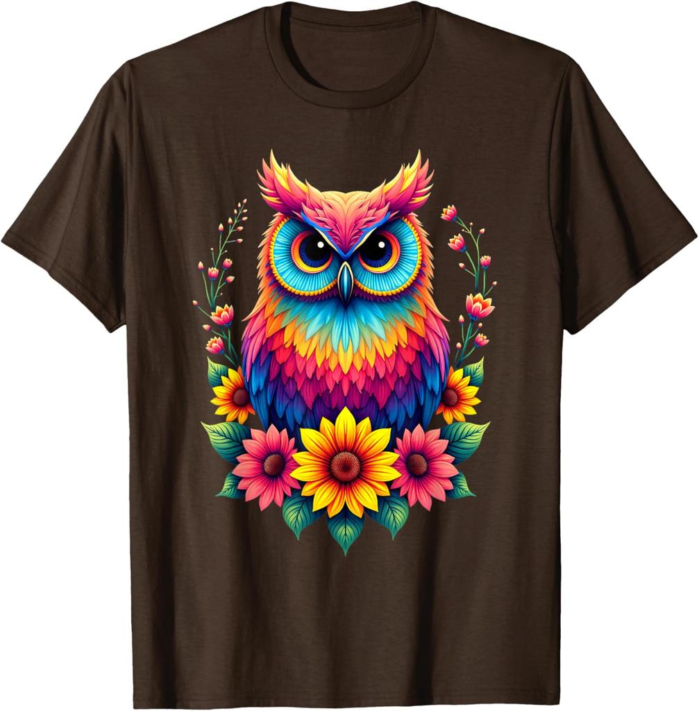 Colorful Watercolor Owl Sunflower Graphic Tee Breathable Cotton Casual Trip T-Shirt