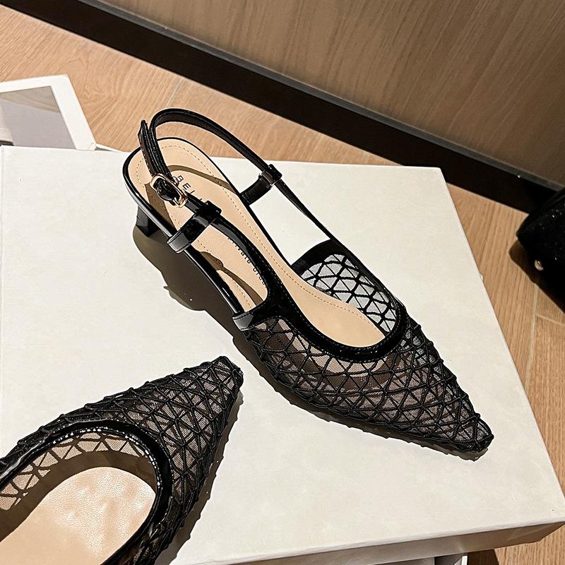 Breathable Mesh Yarn Bag Head Sandals Single Shoes Summer Pointed Muller Shoes Stiletto High Heels One-word Buckle Belt