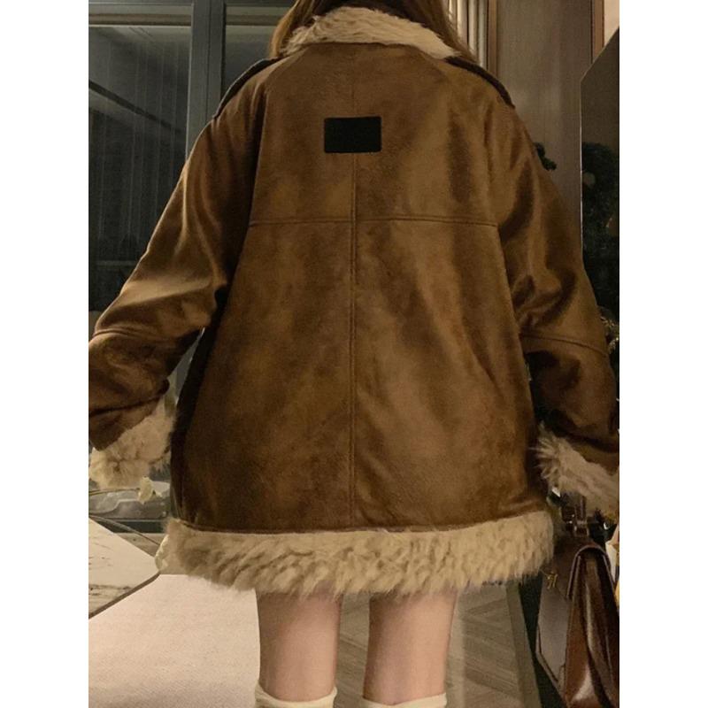 Vintage Coats for Women Stand Neck Warm Thicken Fluffy Design Loose Jackets Winter Streetwear Lazy Style Clothing