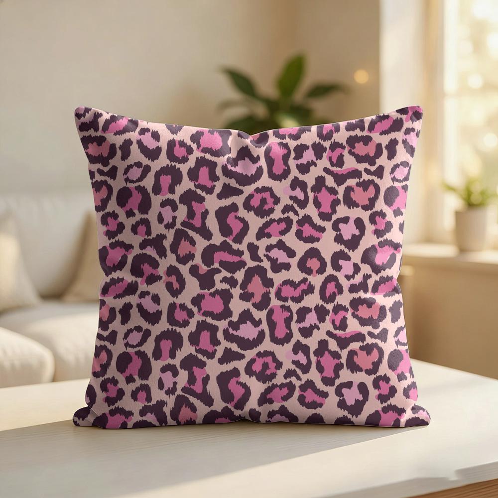 Pink Leopard Pattern Cushion Cover Silky Short Plush Invisible Zipper Dustproof Sofa Pillow Case For Home Decor