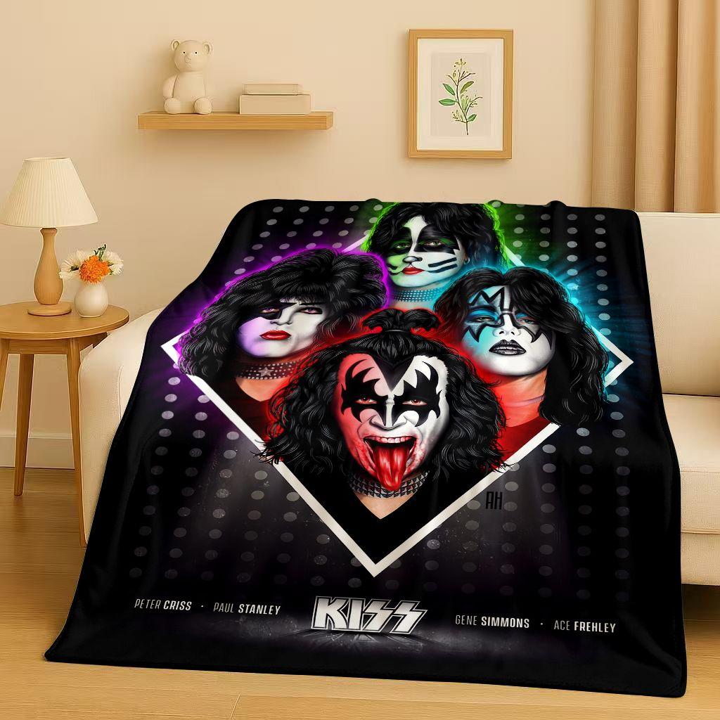 Coperta di Flanella Retro Kiss Rock Heavy Metal Band Gene Simmons, Coperta Morbida Ultra Peluche per Casa Camera da Letto Letto Divano Ufficio