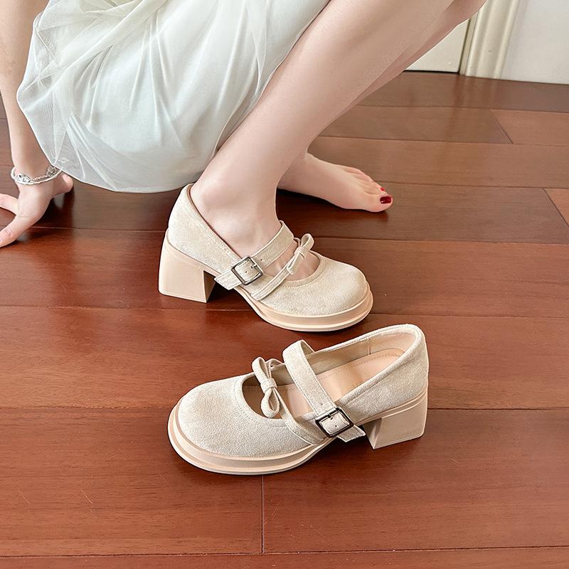 Suede high-heeled Mary Jane shoes women's retro bow high-heeled shoes round head shallow mouth one-word buckle belt thick-heeled single shoes women