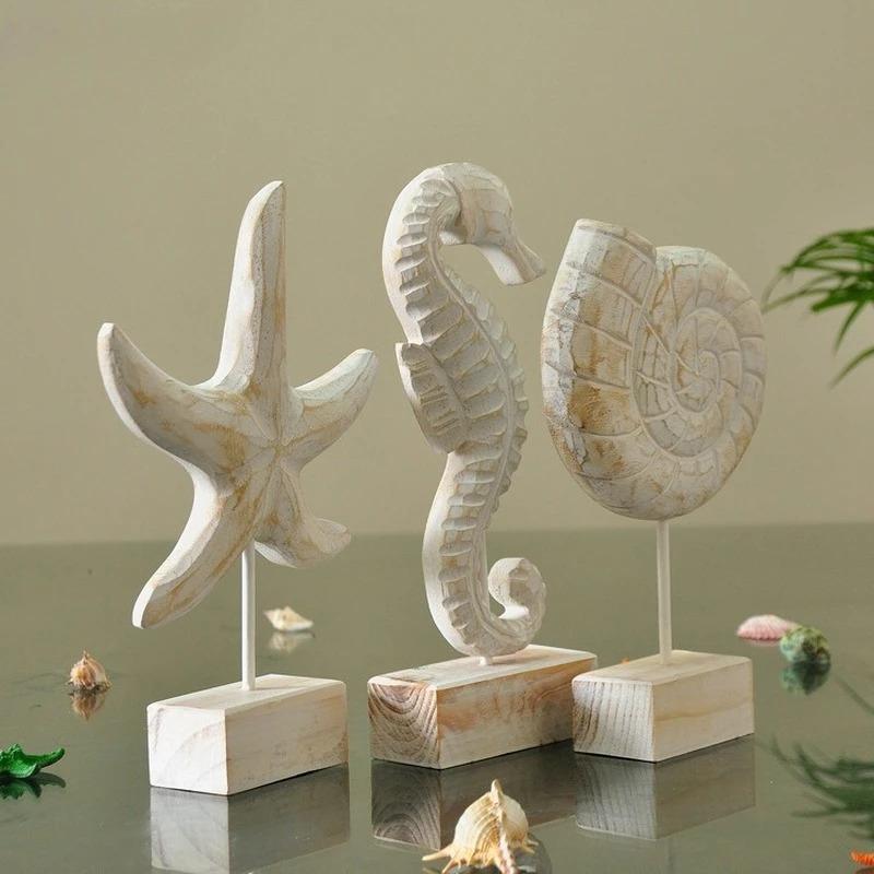 Mediteranean Style Home Decoration Accessories Wooden Crafts Starfish Conch Hippocampus Wood Carving Marine Living Room Decor