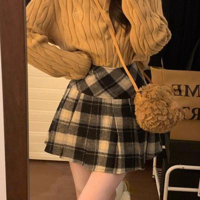 Winter Plaid Skirt Women Vintage Woolen Korea Black Red Preppy Style School Cute Sexy Check Print Pleated Mini Skirt
