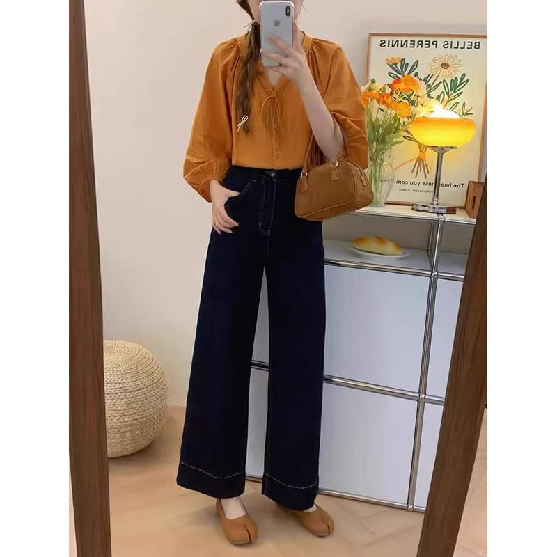 Women's Plus Size Dark Blue Straight Leg Jeans - Spring 2026 Loose Fit Pear Shape Slimming Wide Leg Pants