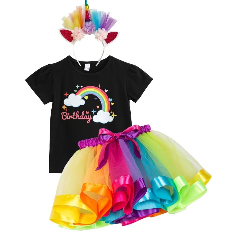 3Pcs Layered Tulle Tutu Skirt Licorne Horn Headband Licorne Shirt Set Licorne Girls Birthday Costume Outfits for Girls S