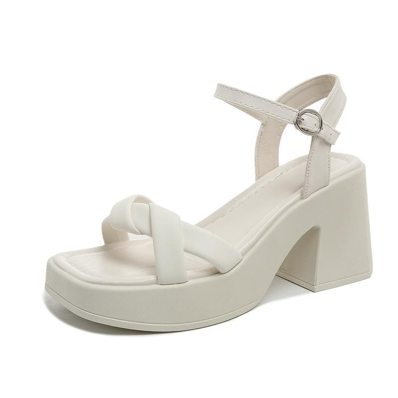 

Босоножки женские на толстом каблуке с открытым носком и ремешком-пряжкой, большого размера, 2025, европейский и американский стиль, римские высокие каблуки, летние сандалии, модная обувь 42 белый