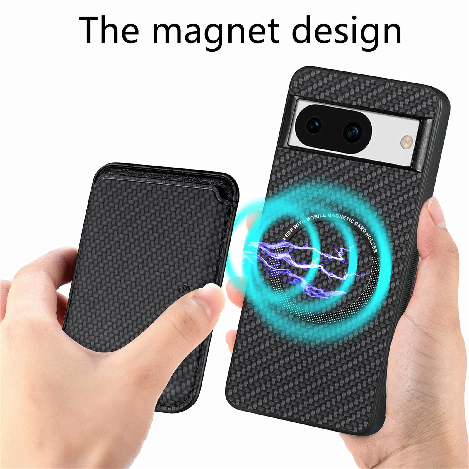 

For Google Pixel 8a Case Carbon Fiber Leather Back Cover with Detachable Magnetic Card Bag Black