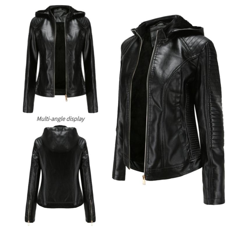 European and American Style Women's Faux Leather Jacket with Fleece Lining, Hooded, Short Length, Warm and Casual Jacket for Autumn and Winter.