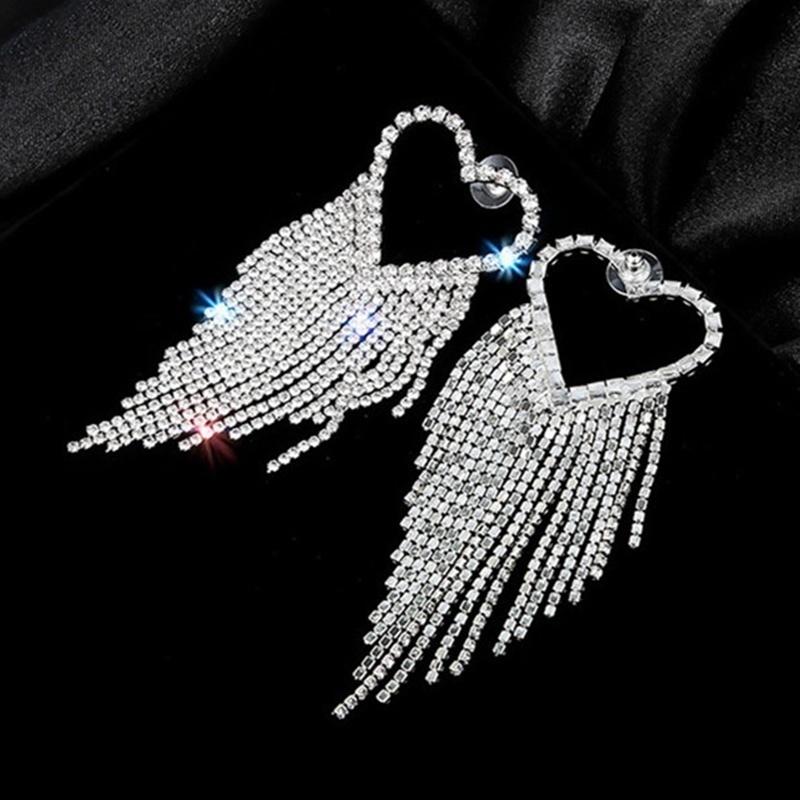 Romantic Fashion Shiny Zircon Inlaid Metal Heart Long Tassel Drop Earrings For Women Temperament Elegant Party Prom Jewelry